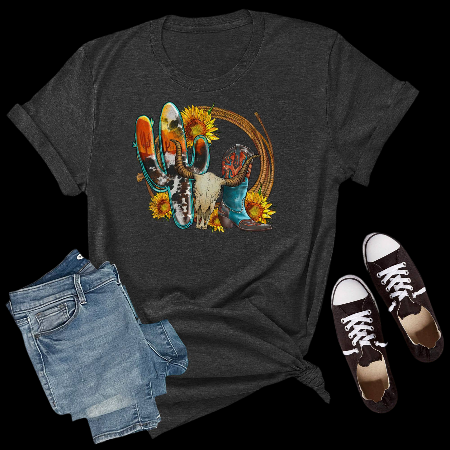 Western Cowhide Cactus Black