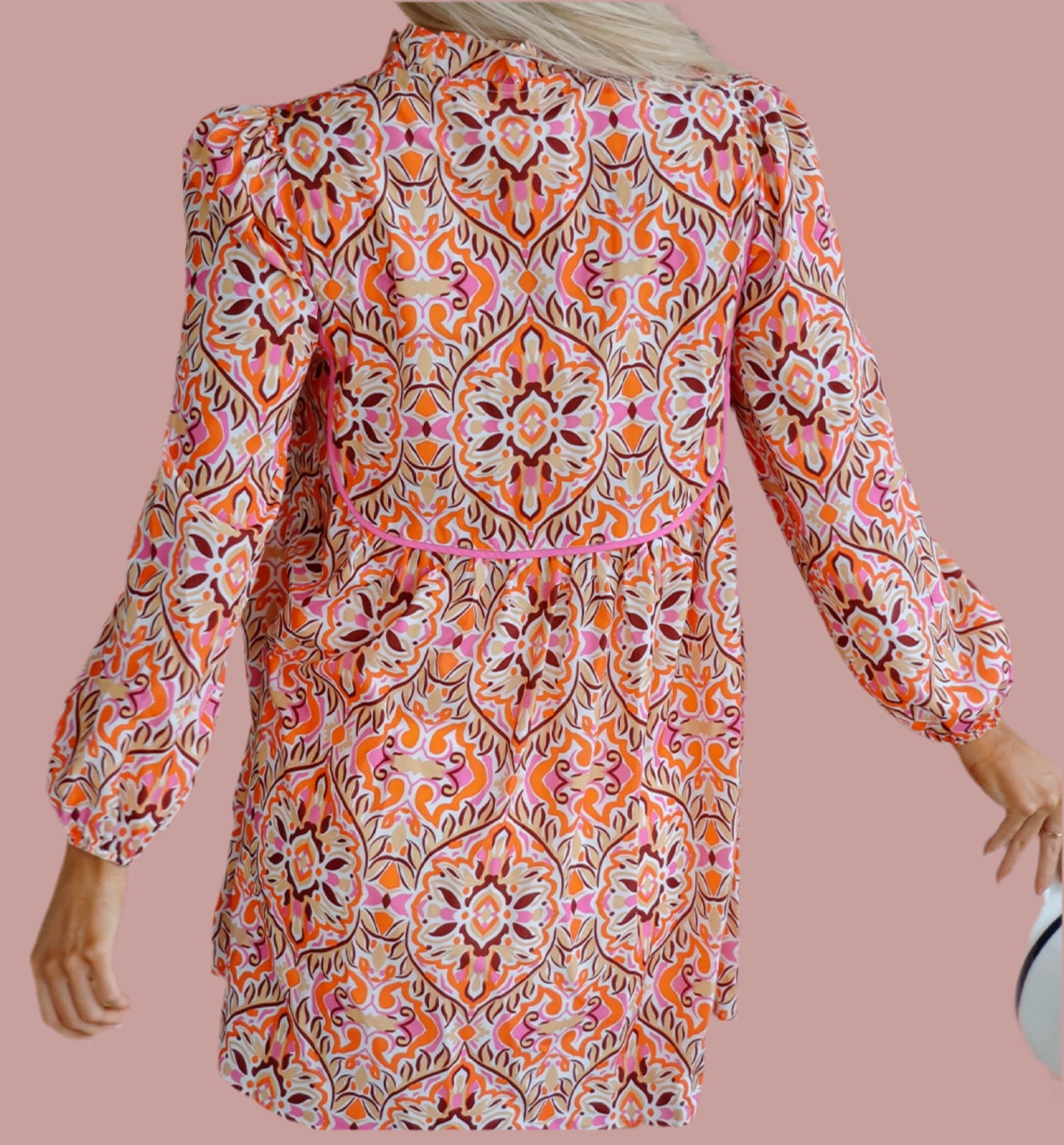 Abstract Printed Long Sleeve Tied Neckline Mini Dress