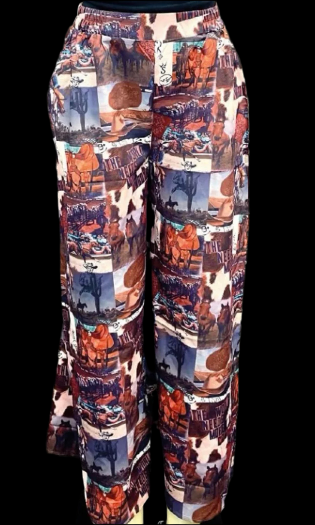 Western Collage Print High-Waist Wide Leg Pants