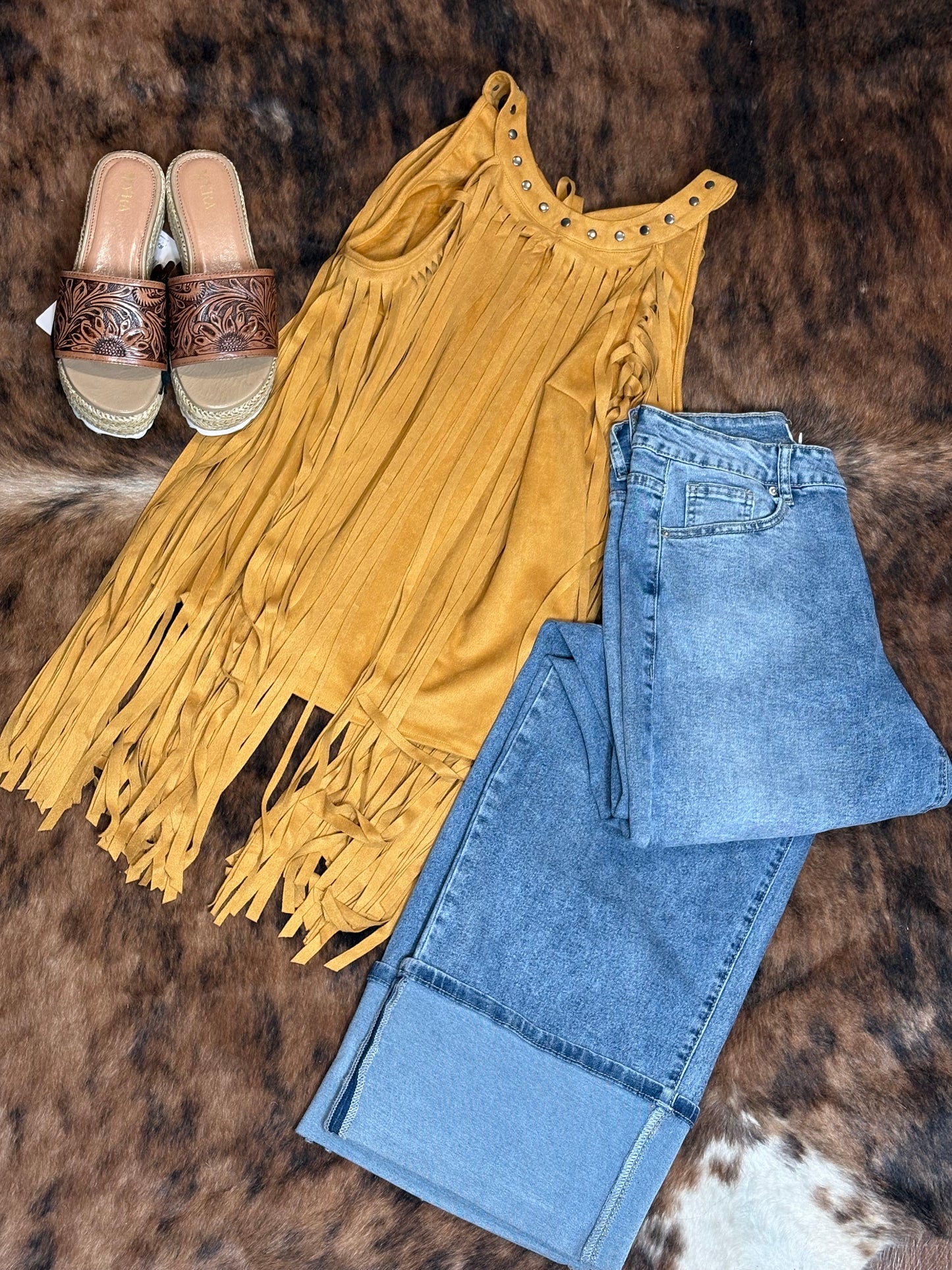 Mustard Suede Fringe Halter Top Plus Size