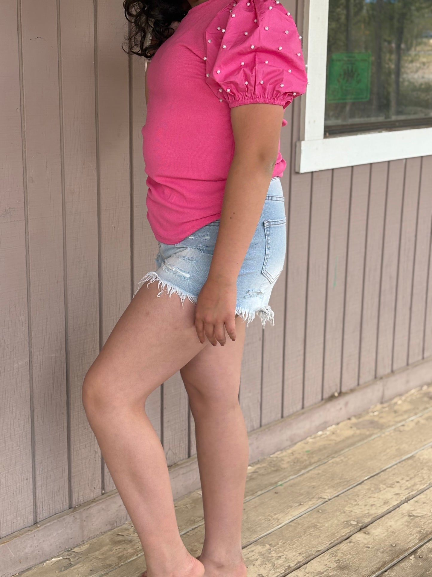 Ribbed Pearl Beaded Puff Sleeve Top