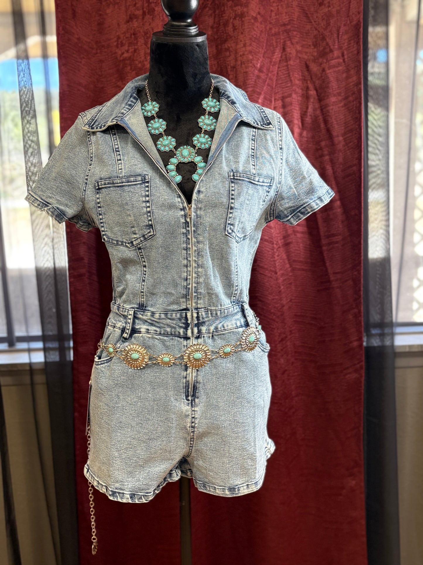 Stone Vintage Wash Short Sleeve Denim Romper