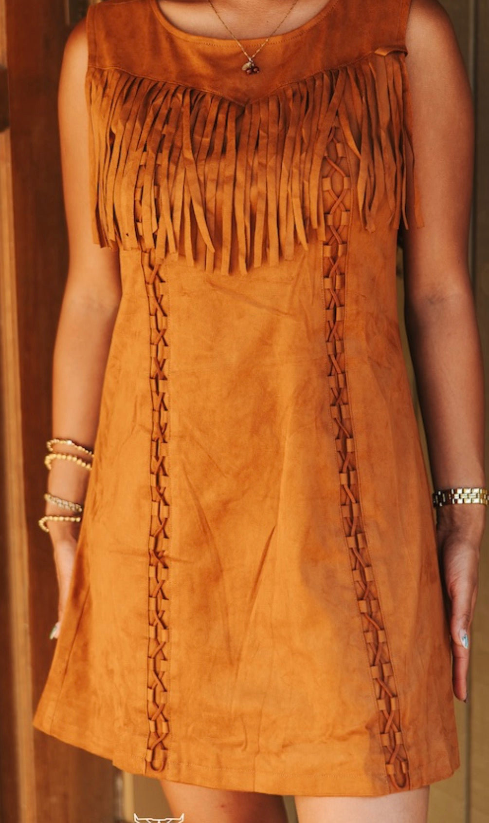 Camel Stretch Suede Sleeveless Fringe Yoke Stitch Detail Dress