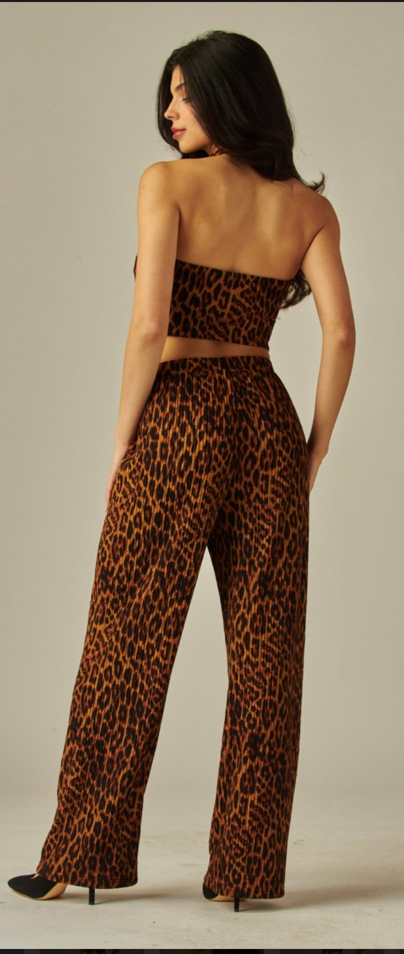 Leopard Crinkled Plisse Vest 2pc Pant Set