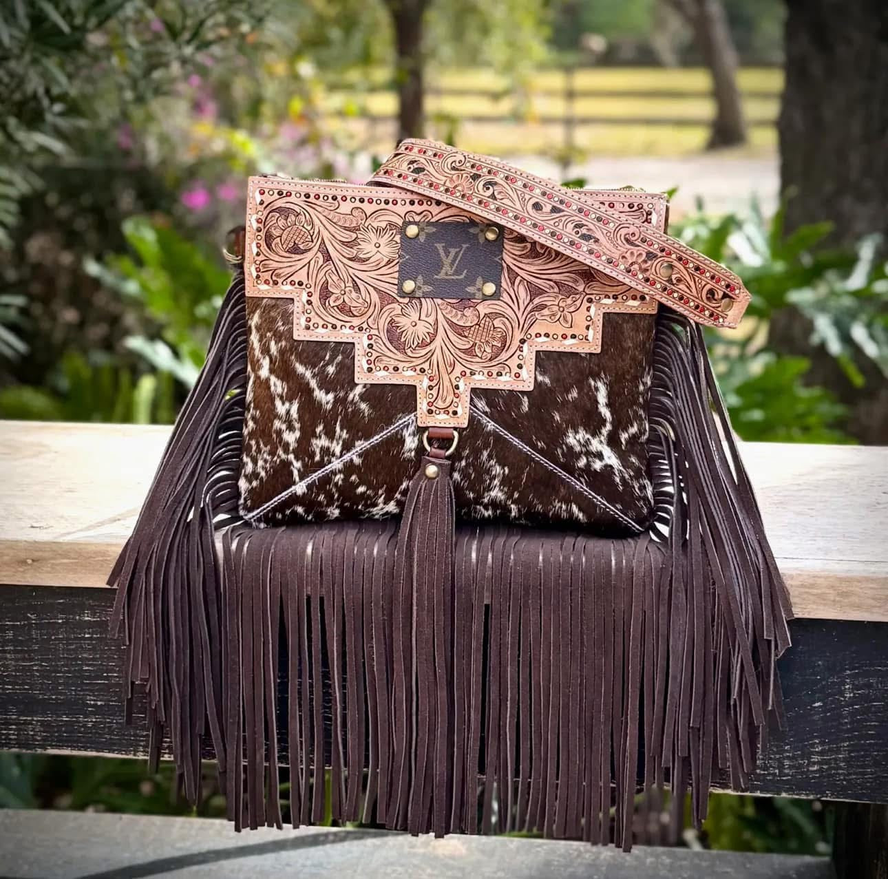 Upcycled LV Cowhide Tooled Leather Fringe Crossbody Bag