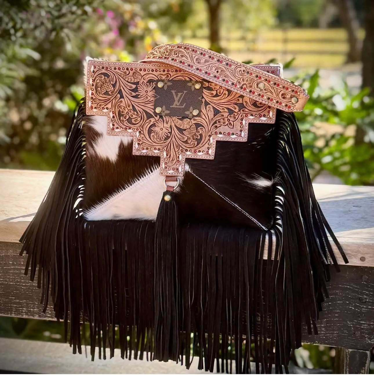 Upcycled LV Leather Cowhide Fringe Crossbody Bag Western