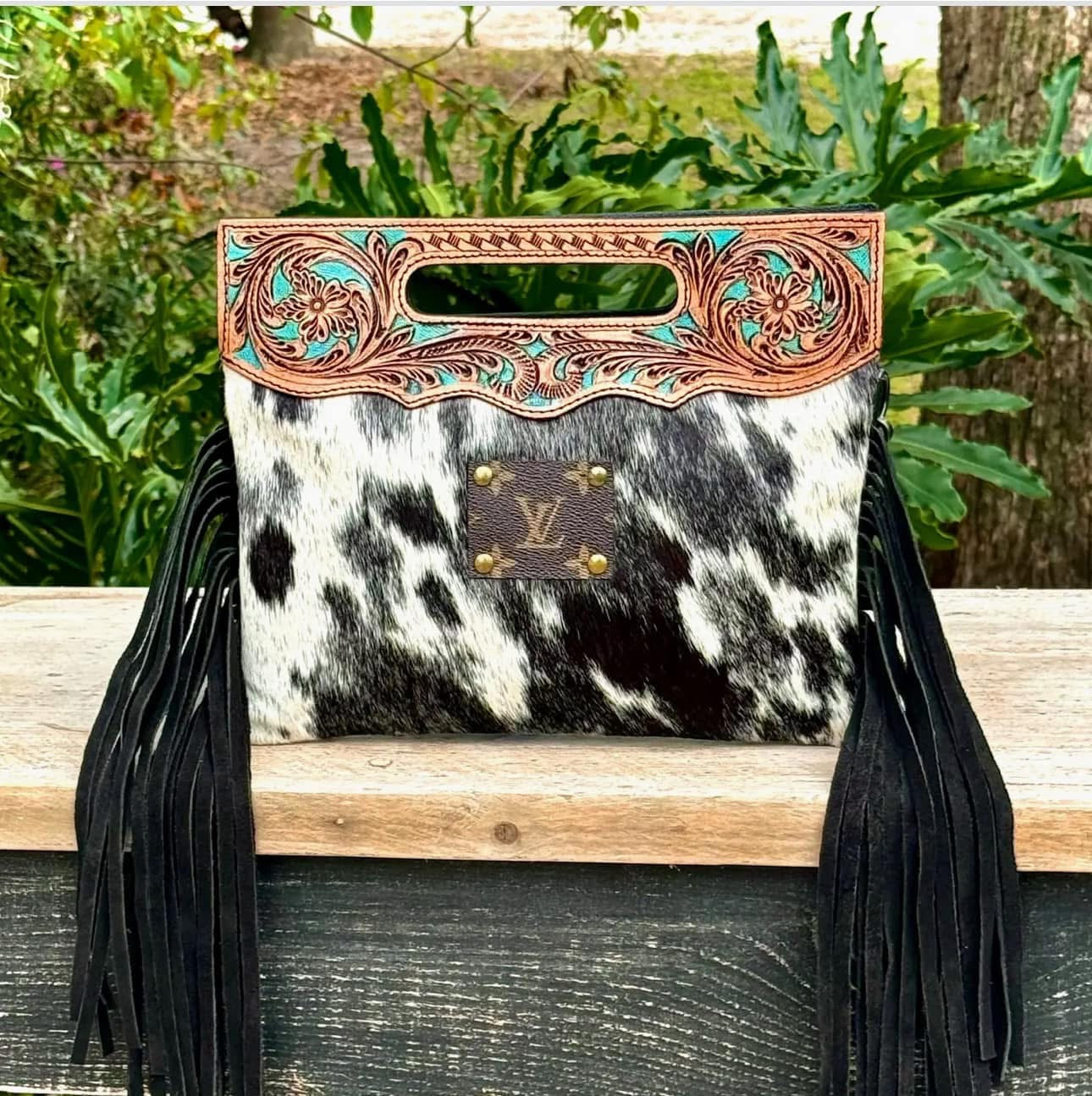 Upcycled LV Cowhide Leather Fringe Crossbody and Clutch Bag Boho