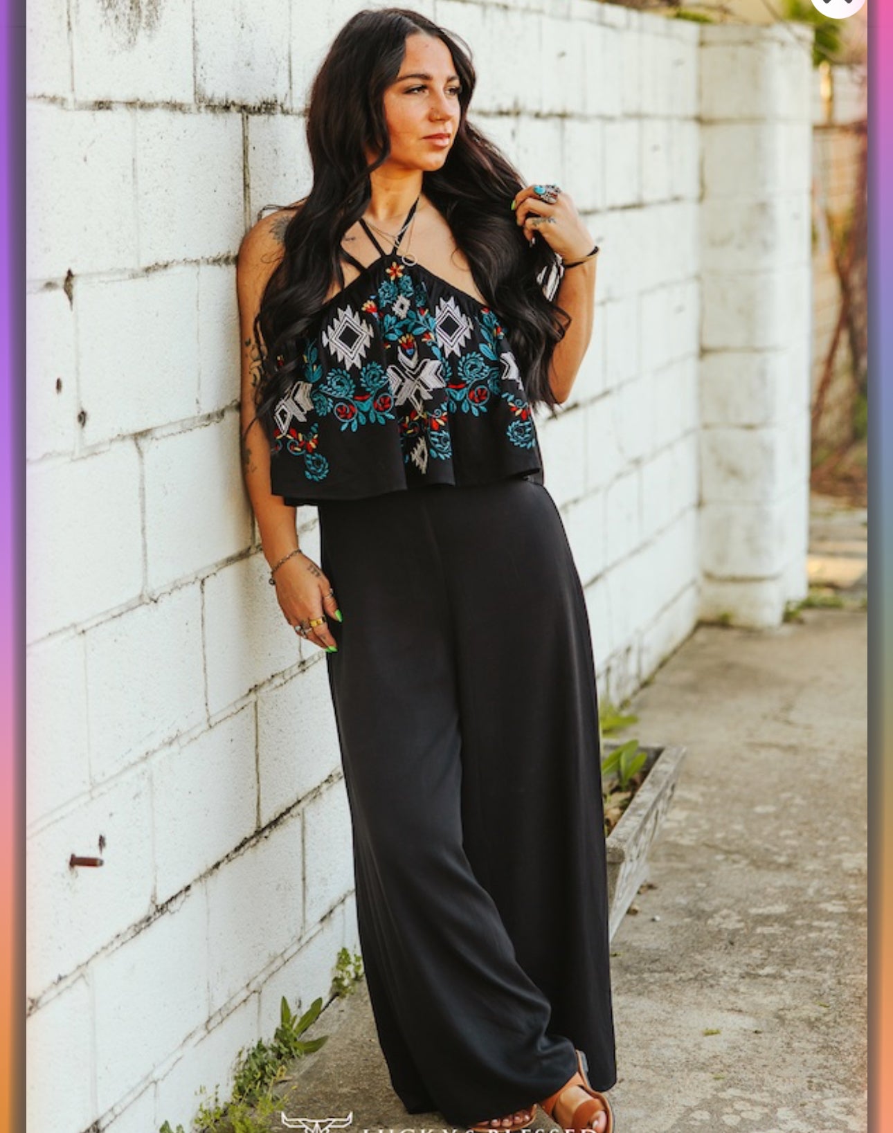 Black Floral Aztec Embroidered Halter Neck Tie Jumpsuit