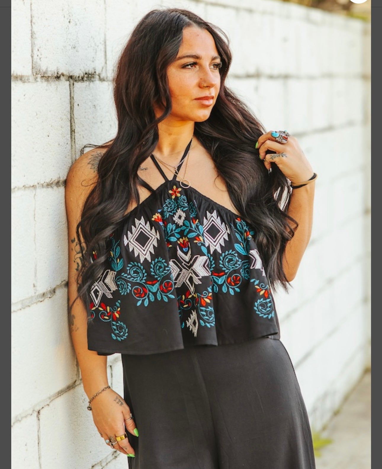 Black Floral Aztec Embroidered Halter Neck Tie Jumpsuit