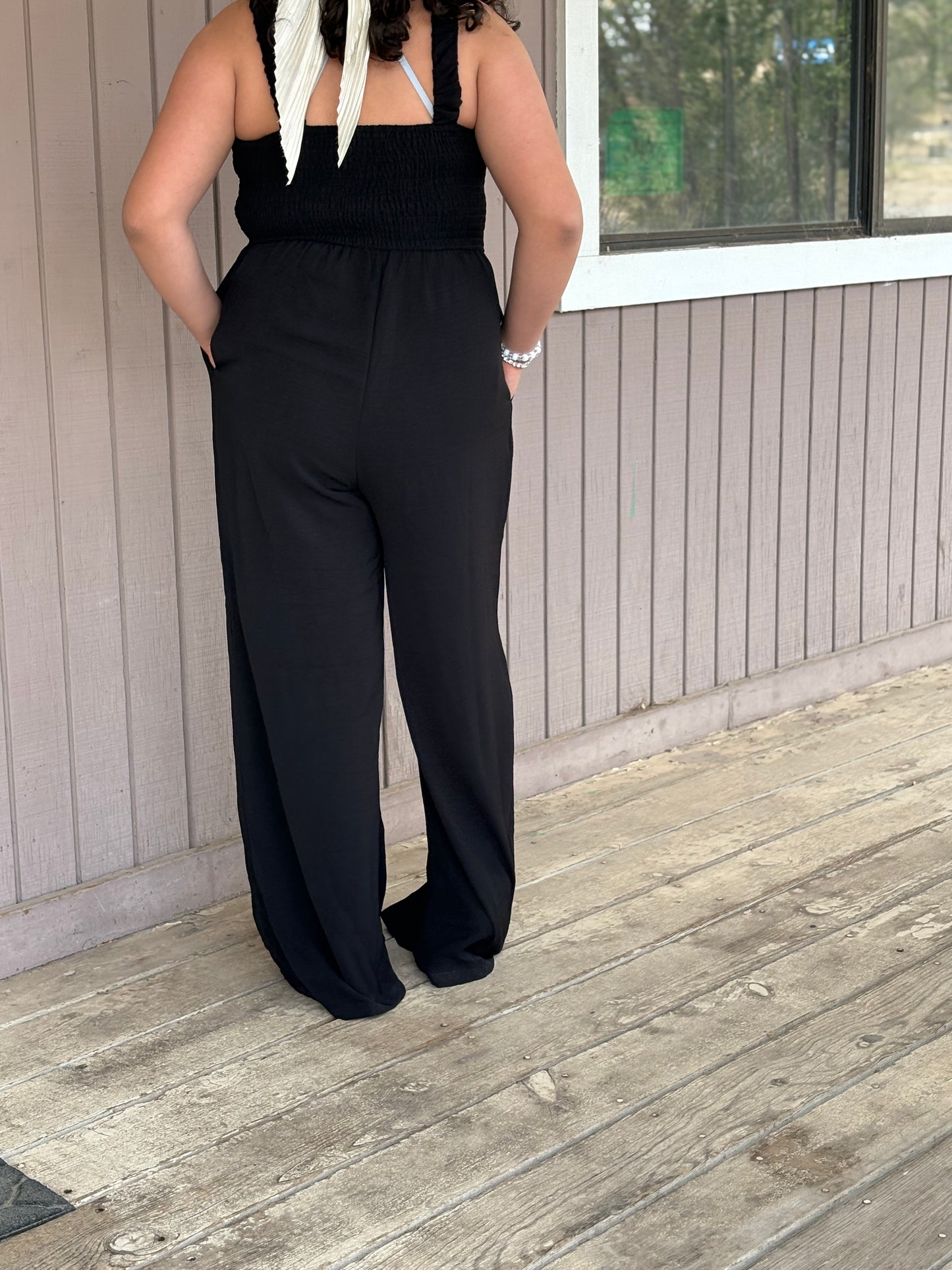 Smocked Tank Wide Black Leg Jumpsuit