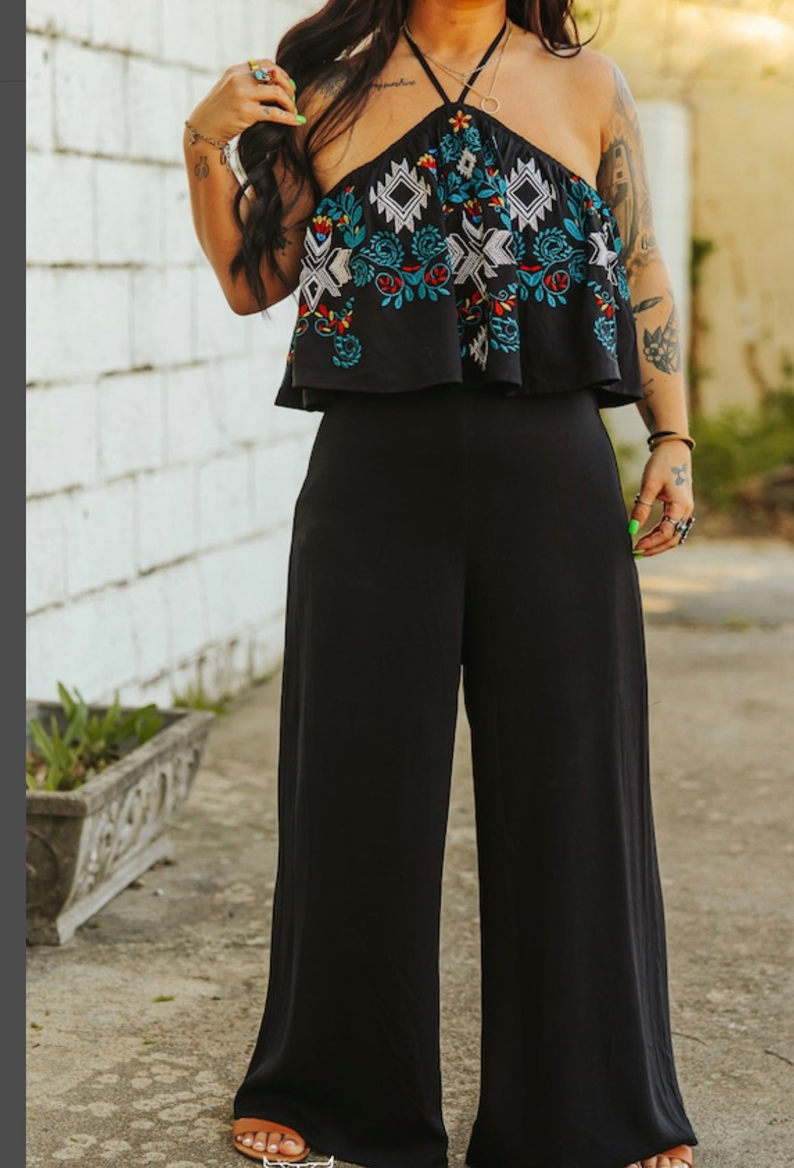 Black Floral Aztec Embroidered Halter Neck Tie Jumpsuit
