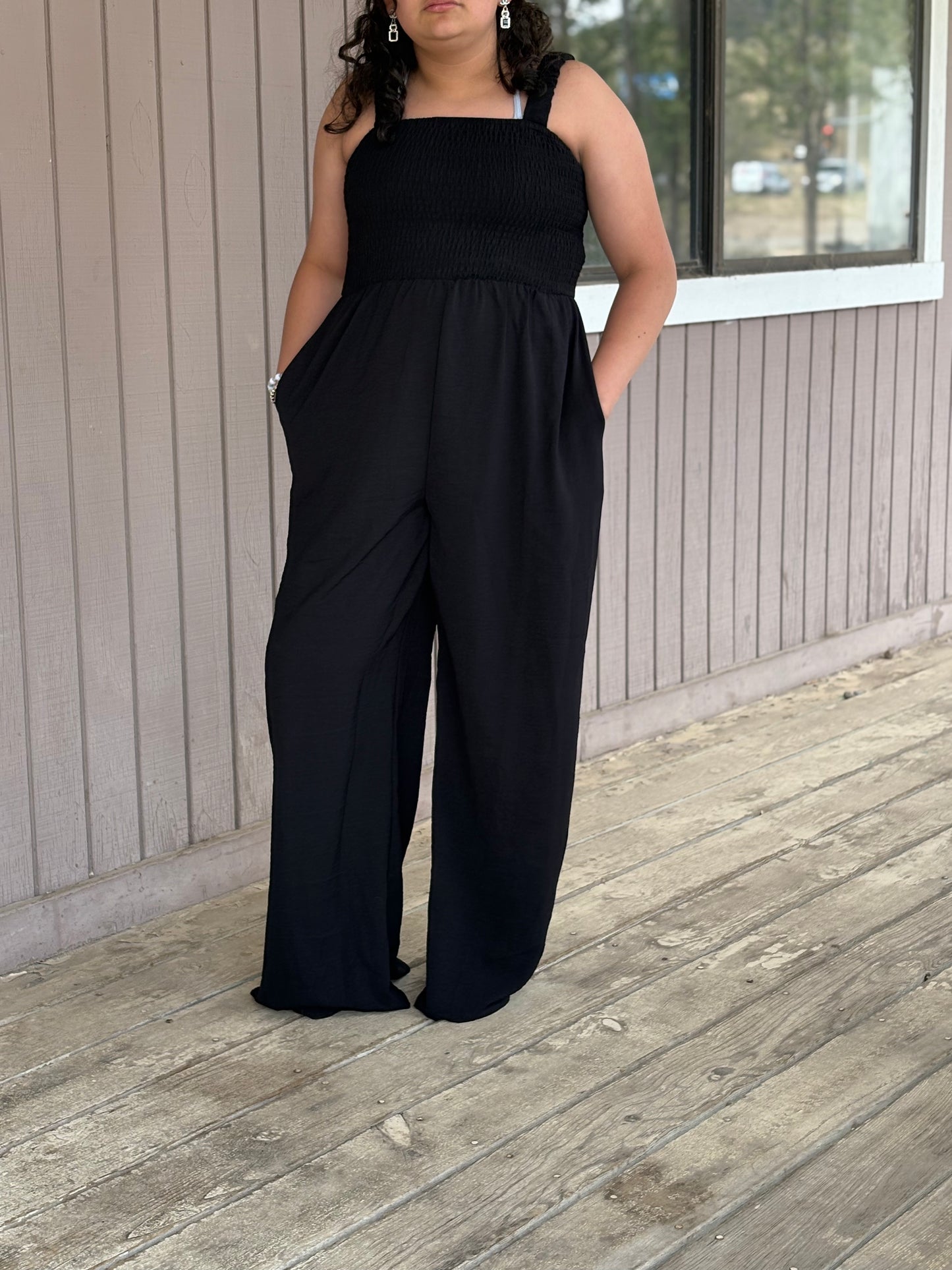 Smocked Tank Wide Black Leg Jumpsuit