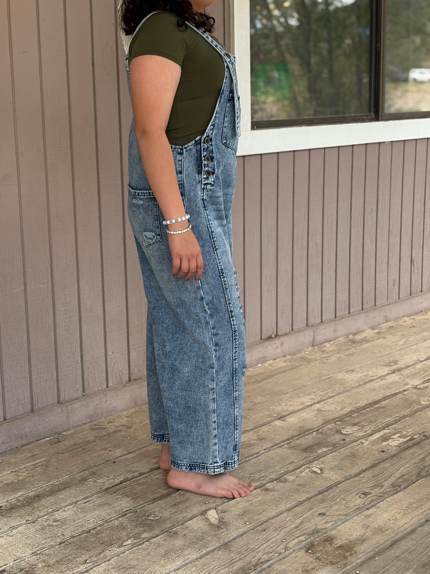 Distressed Bib Pocket Wide Leg Denim Overall