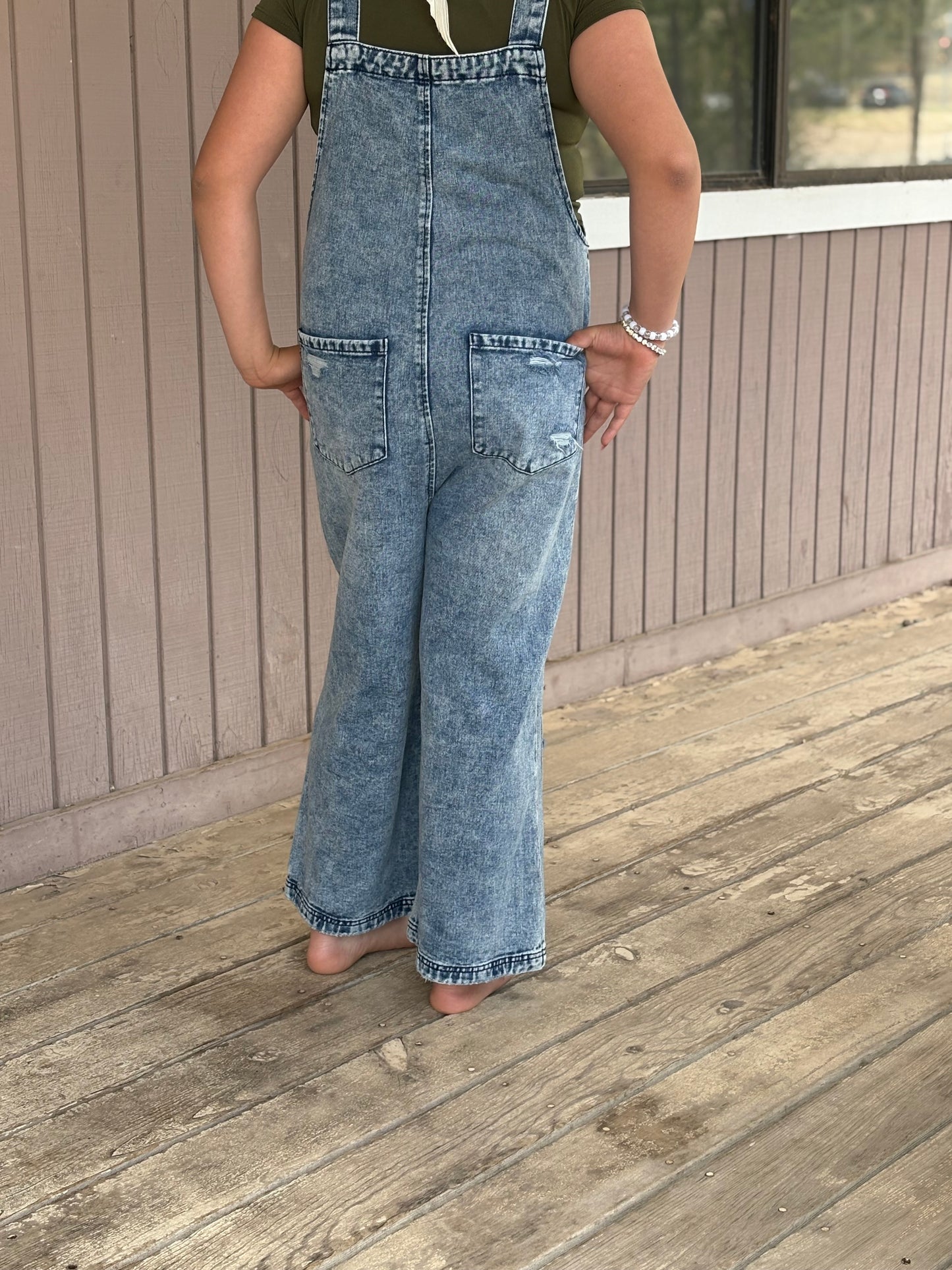 Distressed Bib Pocket Wide Leg Denim Overall