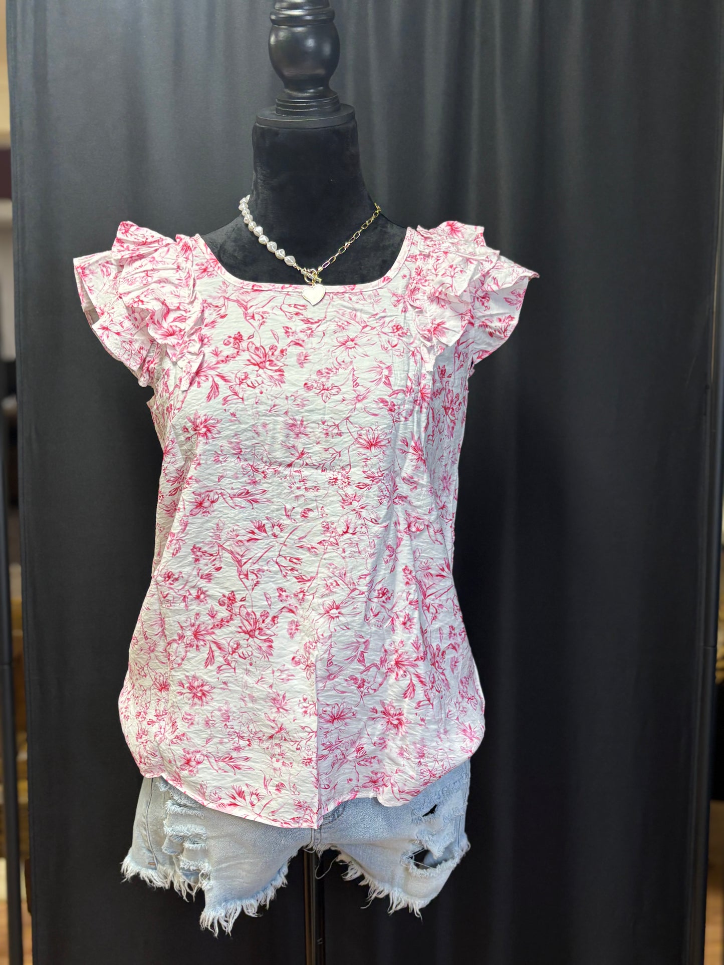 Floral Ruffled Short Sleeve Square Neck and Bow Back Blouse