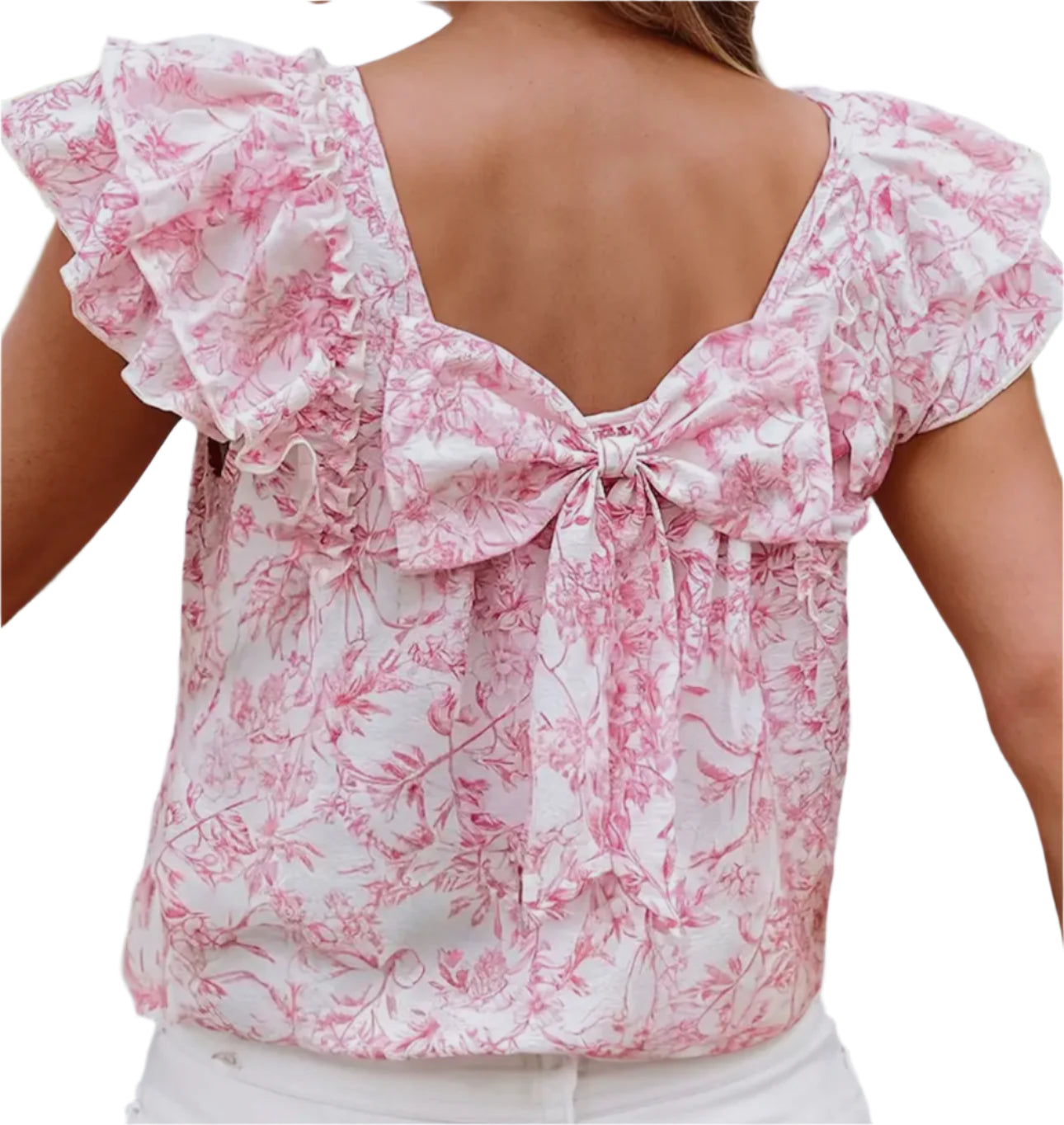 Floral Ruffled Short Sleeve Square Neck and Bow Back Blouse