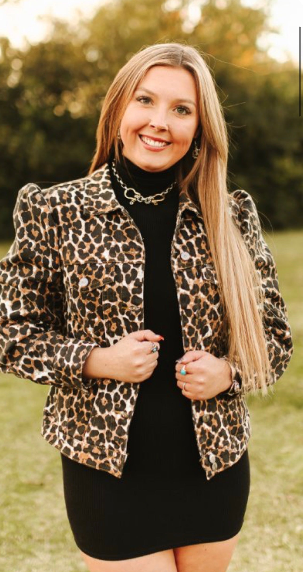 Leopard Stretch Denim Button Down Puff Sleeve Jacket Plus Size