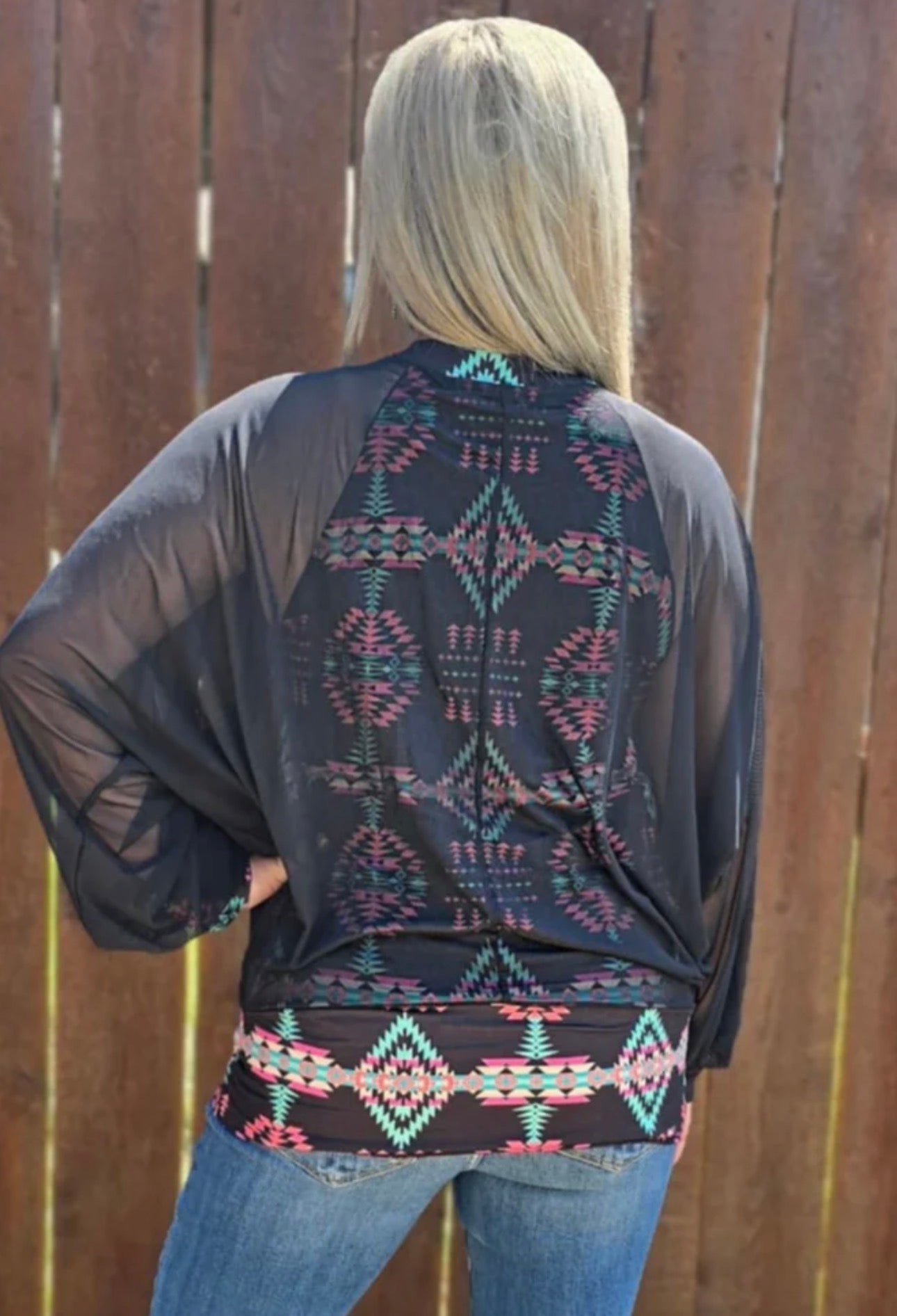 Black Aztec Mesh Sleeve Top