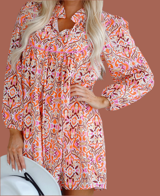 Abstract Printed Long Sleeve Tied Neckline Mini Dress