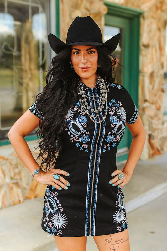 Black Short Sleeve Western Embroidered Collared Zipup Dress