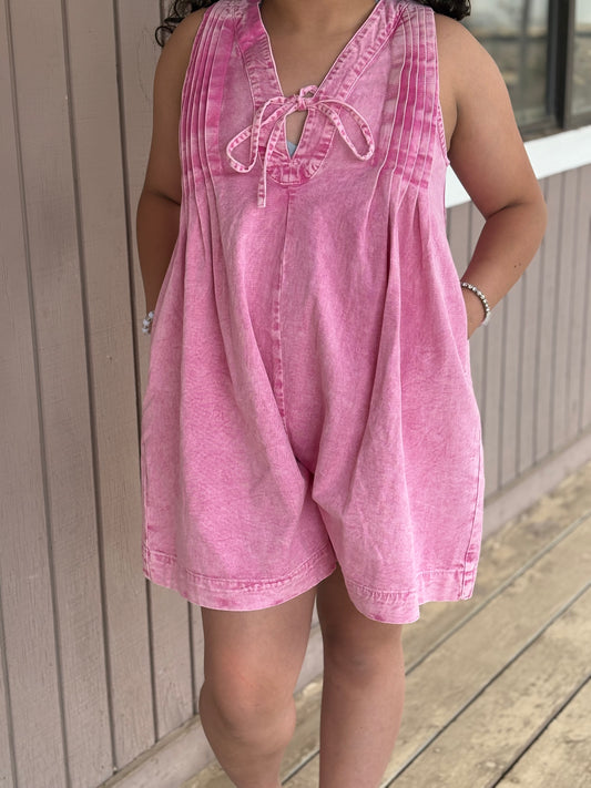 Mineral Wash Sleeveless Knot V Neck Pleated Pink Demin Romper