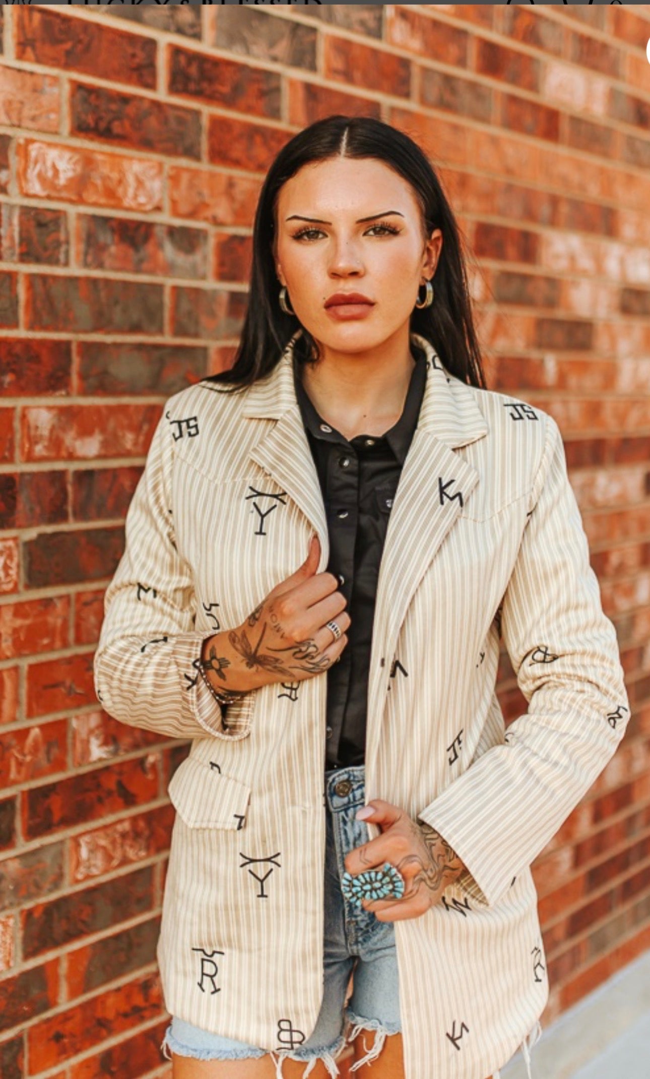 Beige Pin Stripe Cattle Branded Camel Western Yoke Button Down Blazer Plus Size