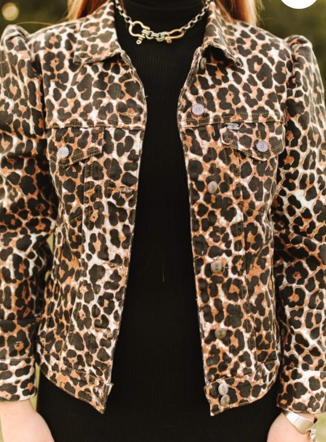 Leopard Stretch Denim Button Down Puff Sleeve Jacket Plus Size