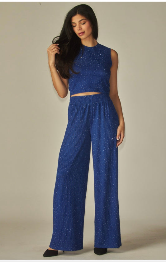 Crinkled Indigo Blue Crop Top Loungewear Pant Set