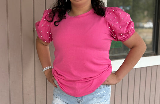 Ribbed Pearl Beaded Puff Sleeve Top