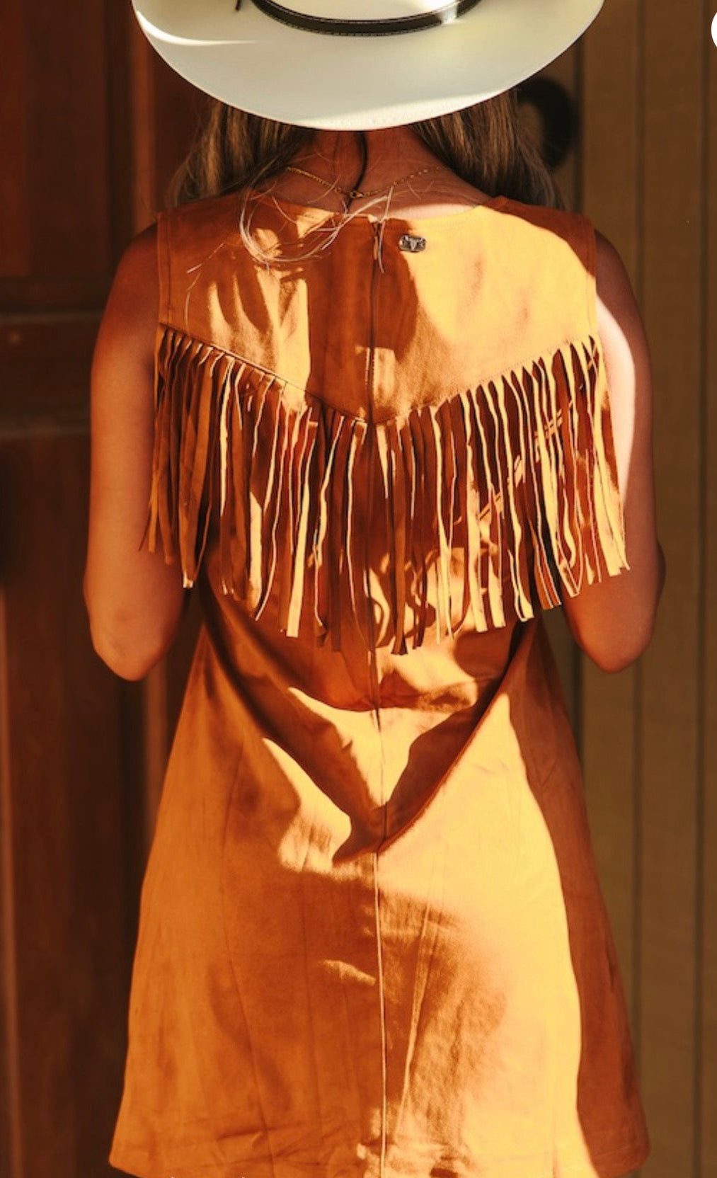 Camel Stretch Suede Sleeveless Fringe Yoke Stitch Detail Dress