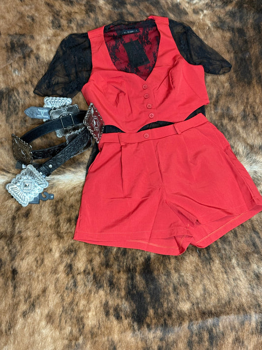 Two Piece Red Valentine Woven Vest With Pleaded Short