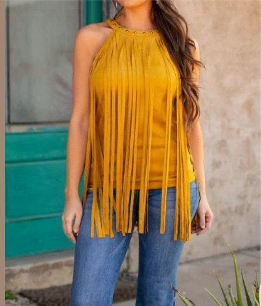 Mustard Suede Fringe Halter Top Plus Size