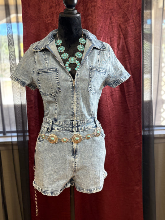 Stone Vintage Wash Short Sleeve Denim Romper
