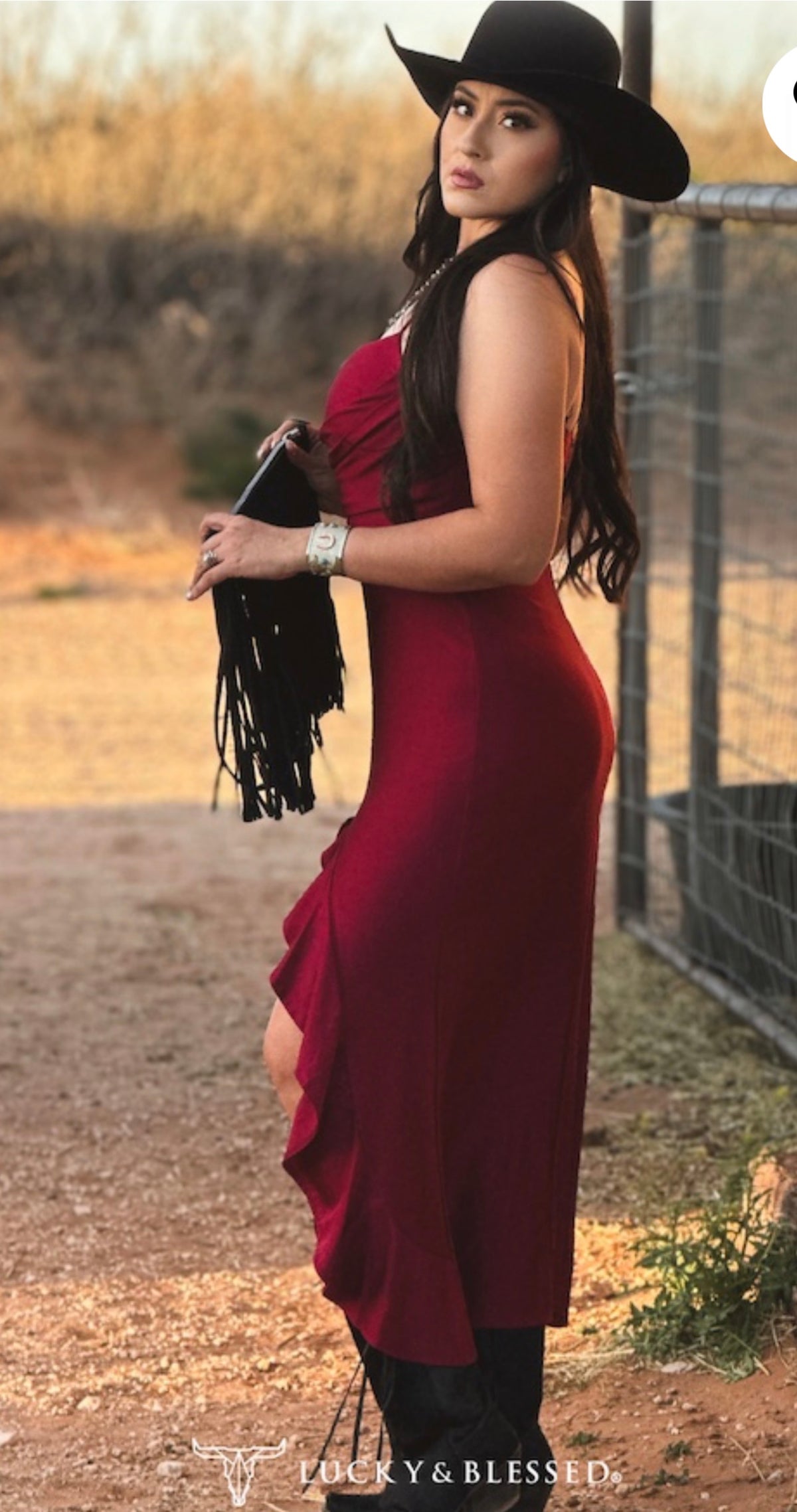 Burgundy Ruffle Slit Western Dress