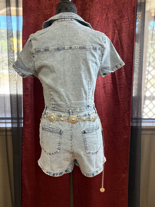 Stone Vintage Wash Short Sleeve Denim Romper