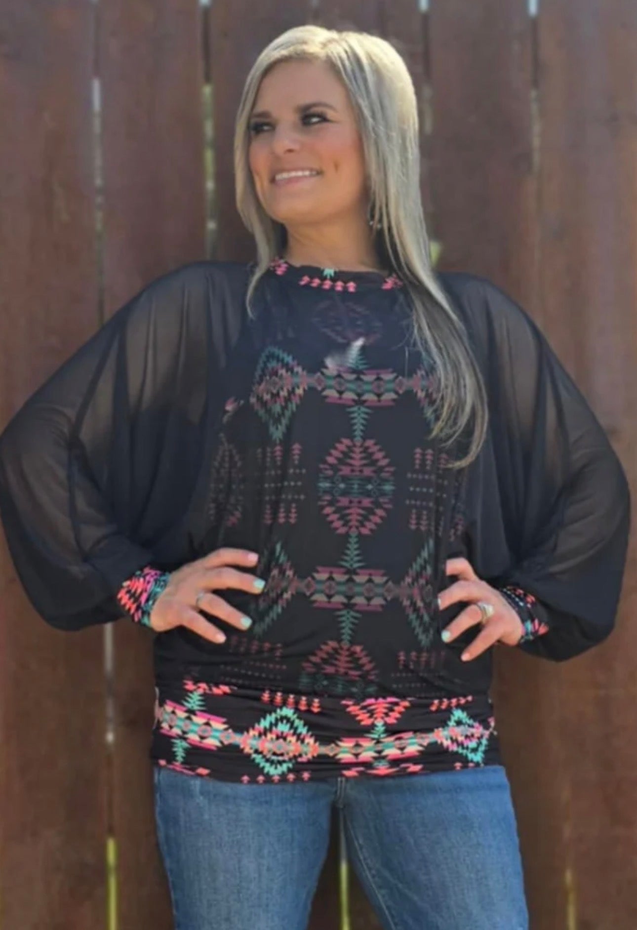 Black Aztec Mesh Sleeve Top