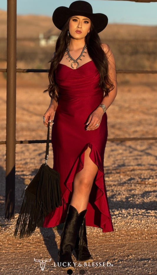 Burgundy Ruffle Slit Western Dress