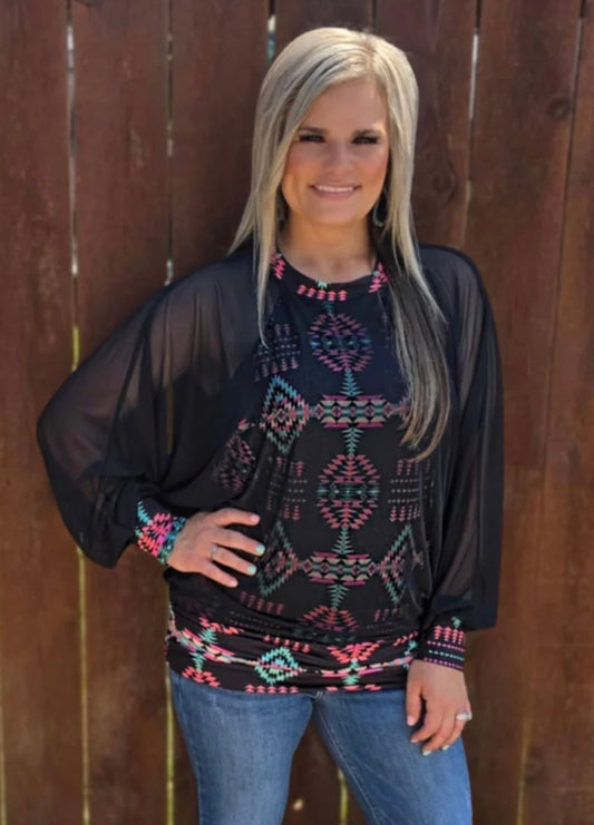 Black Aztec Mesh Sleeve Top