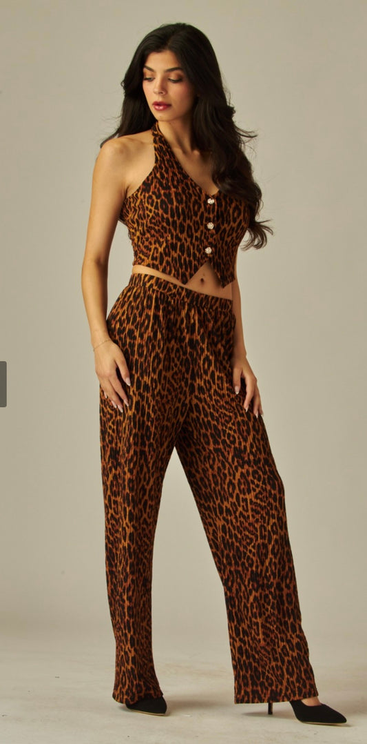 Leopard Crinkled  Plisse Vest 2pc Pant Set