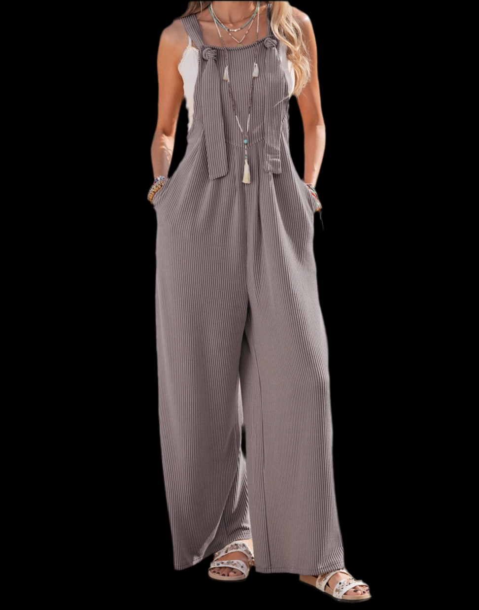 Corded Ajustable Straps Wide Leg Loose Overall