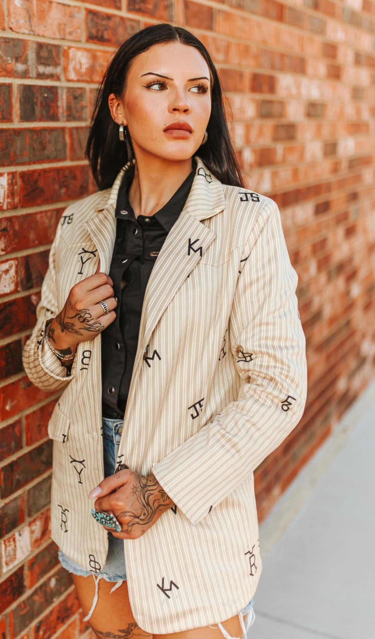 Beige Pin Stripe Cattle Branded Camel Western Yoke Button Down Blazer Plus Size