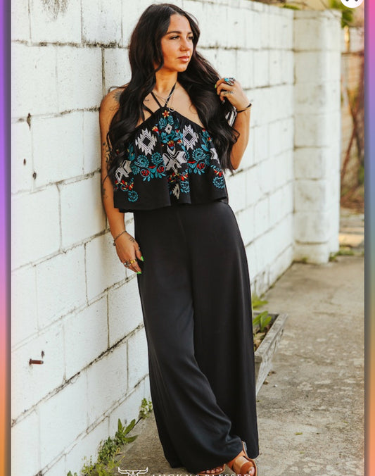Black Floral Aztec Embroidered Halter Neck Tie Jumpsuit