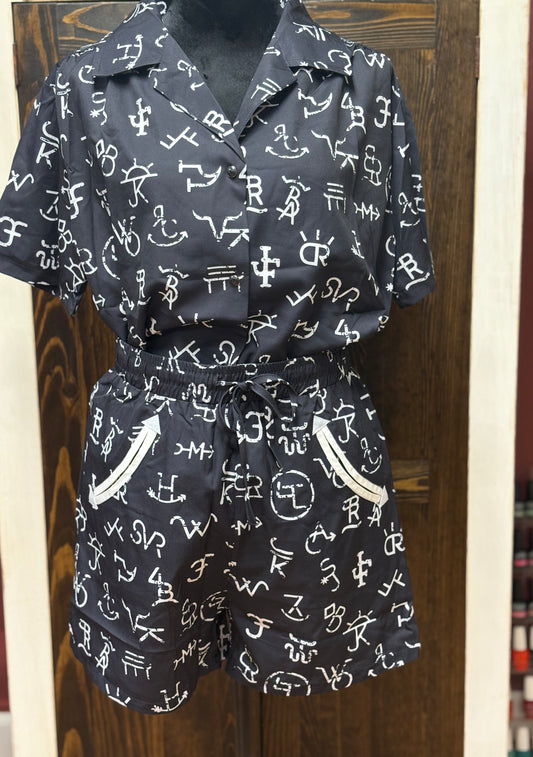 Black Cattle Brand Printed Pearl Snap Button Down Shirt W/ Drawstring Short Set
