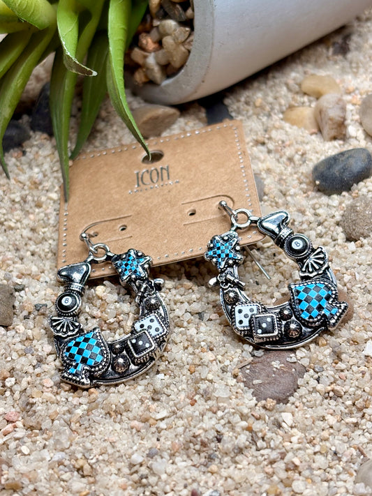 Lucky Blue Horseshoe Statement Earrings