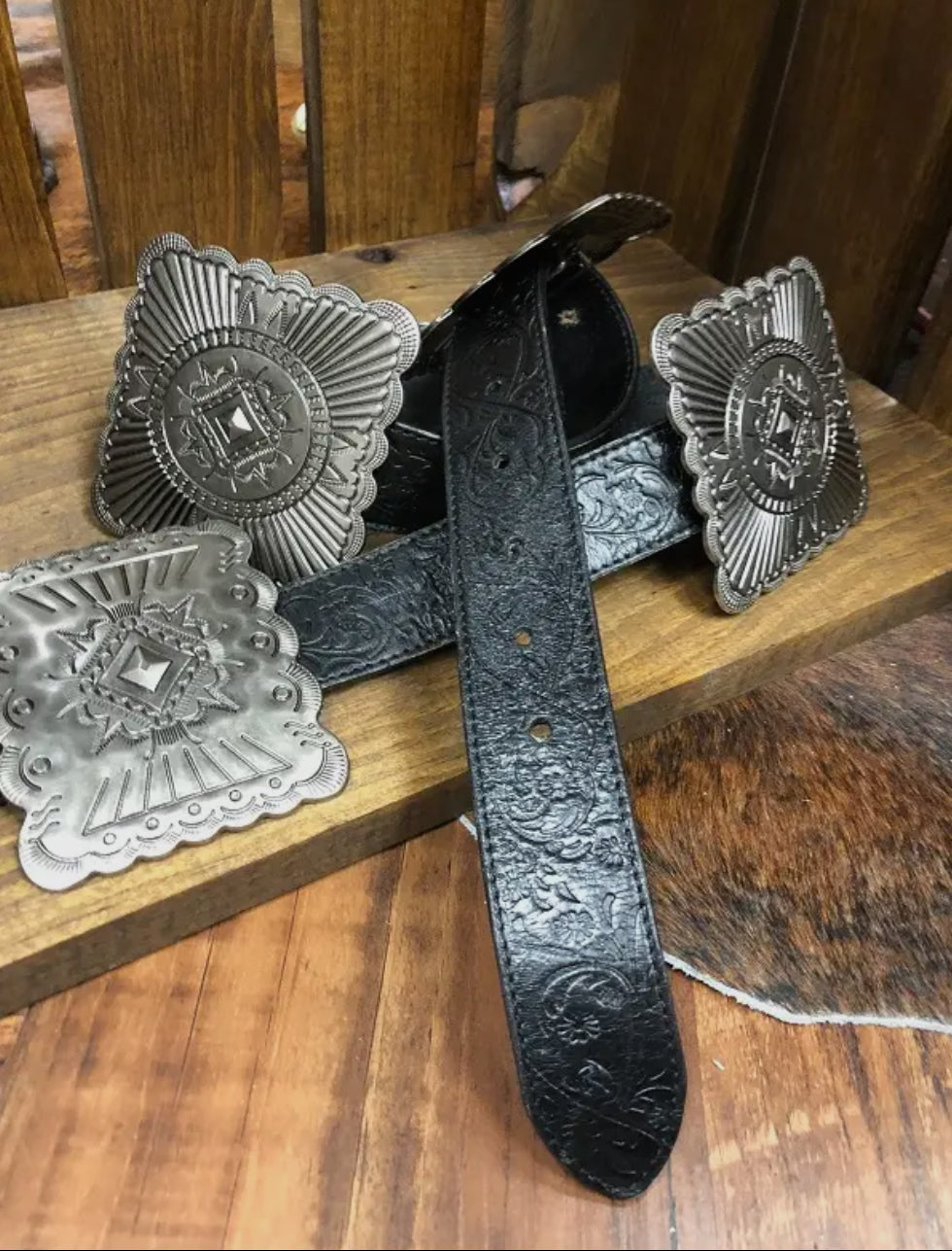 Black Tooled Genuine Leather Silver Concho Belt