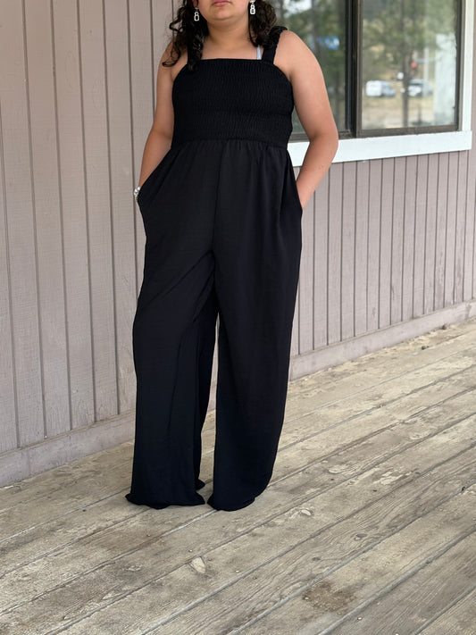 Smocked Tank Wide Black Leg Jumpsuit