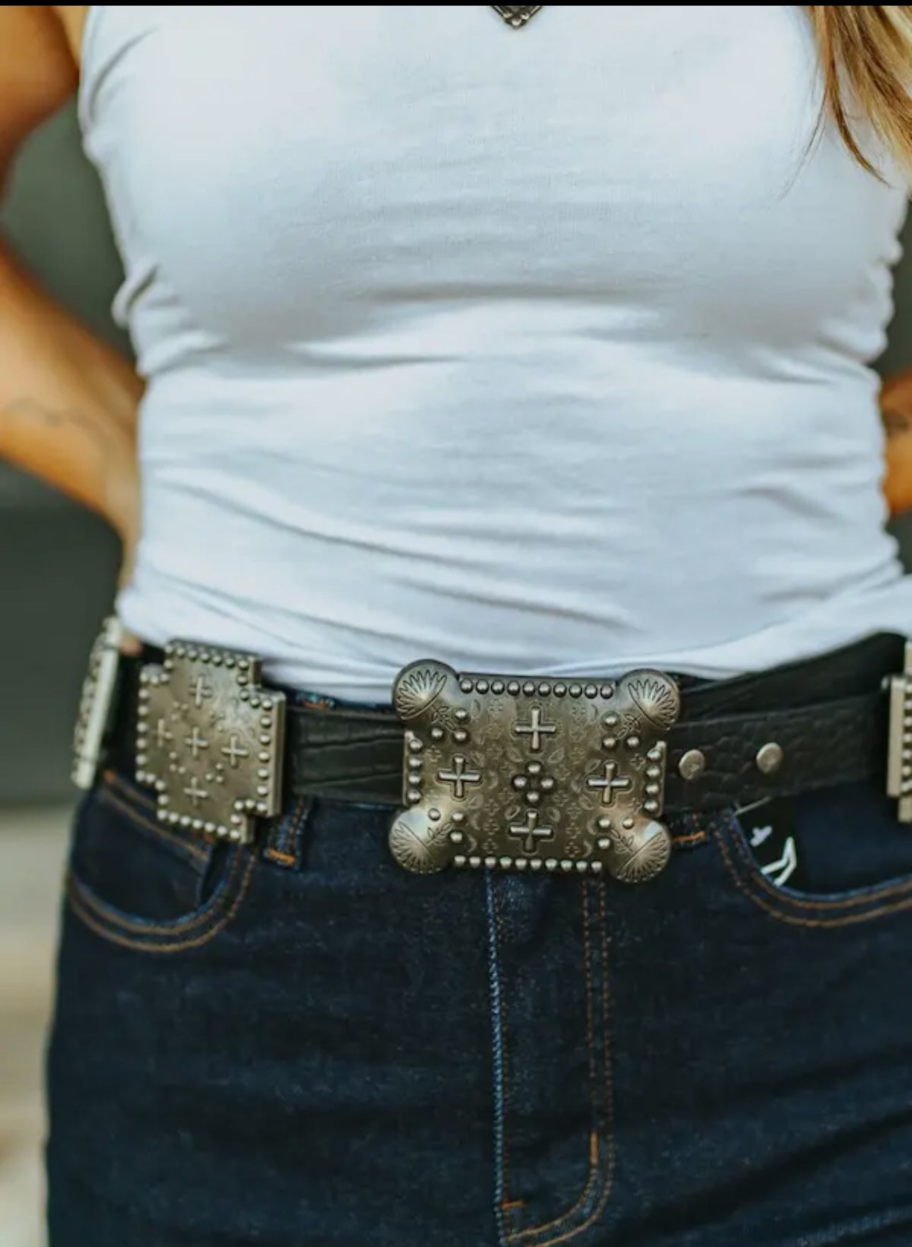 Black Gator Genuine Leather Cross Concho Belt