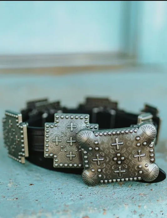 Black Gator Genuine Leather Cross Concho Belt