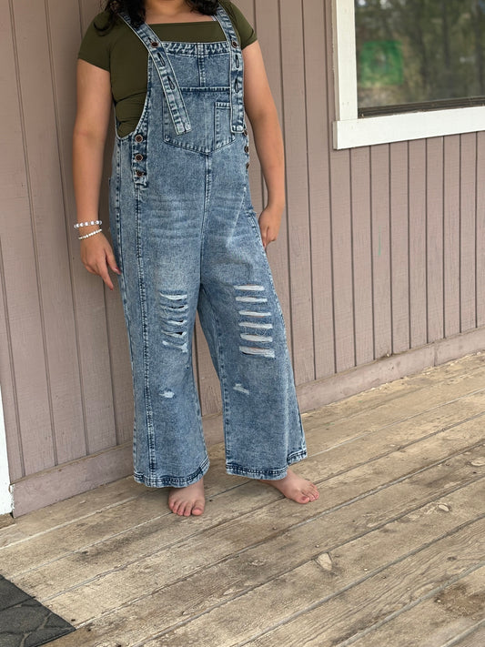 Distressed Bib Pocket Wide Leg Denim Overall