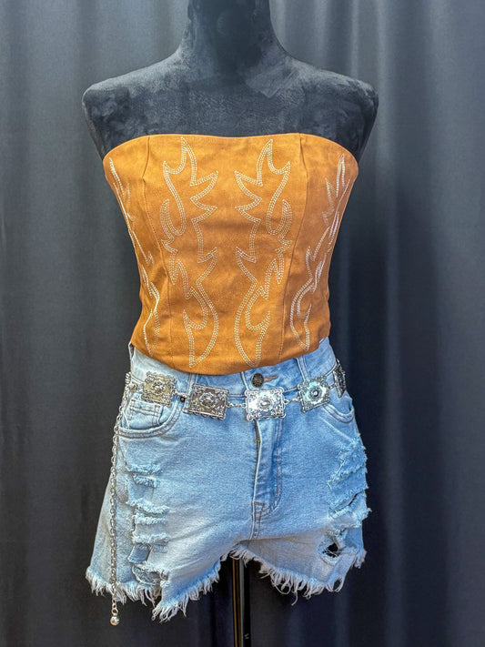 Beckee Vegan Leather Embroidered Western Corset Top